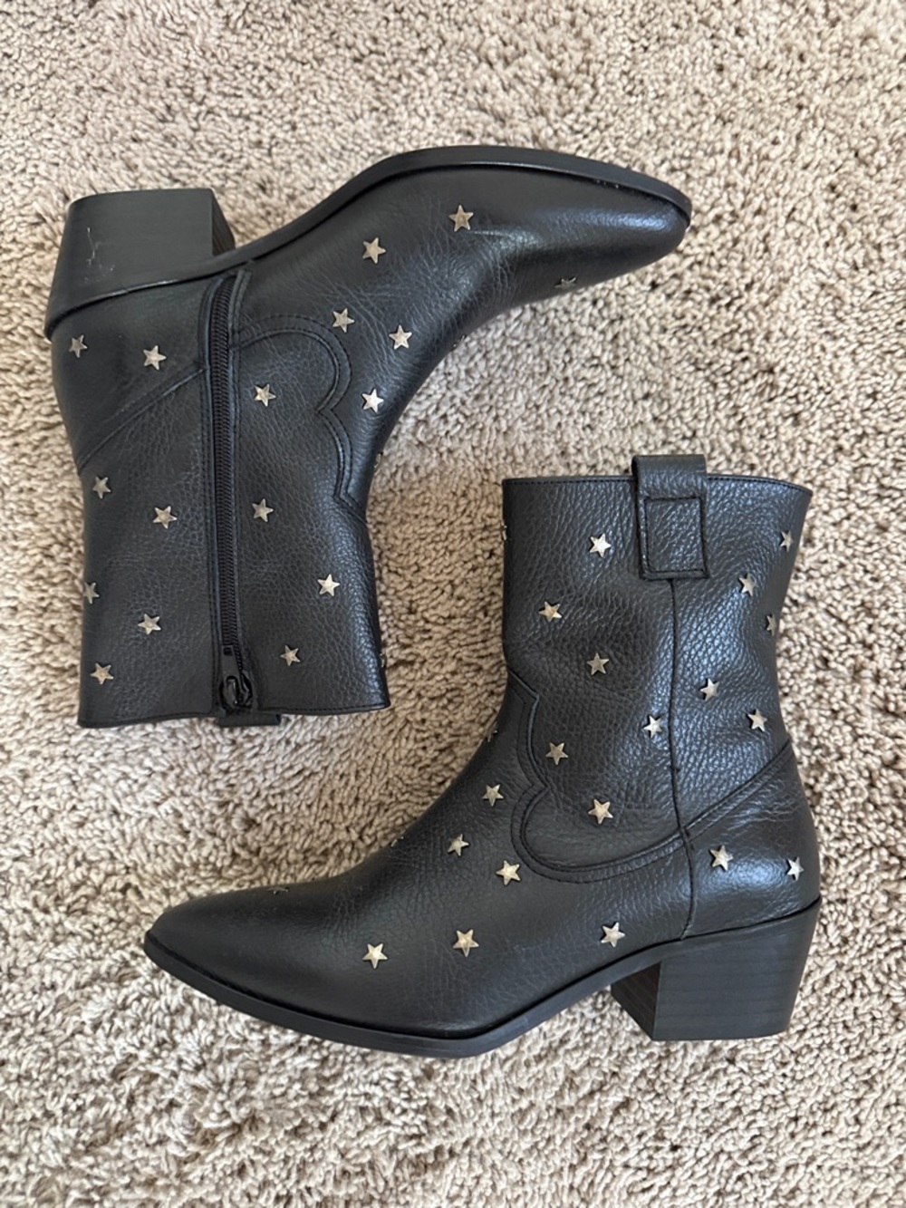 Black Star-Studded Leather Ankle Boots - Women